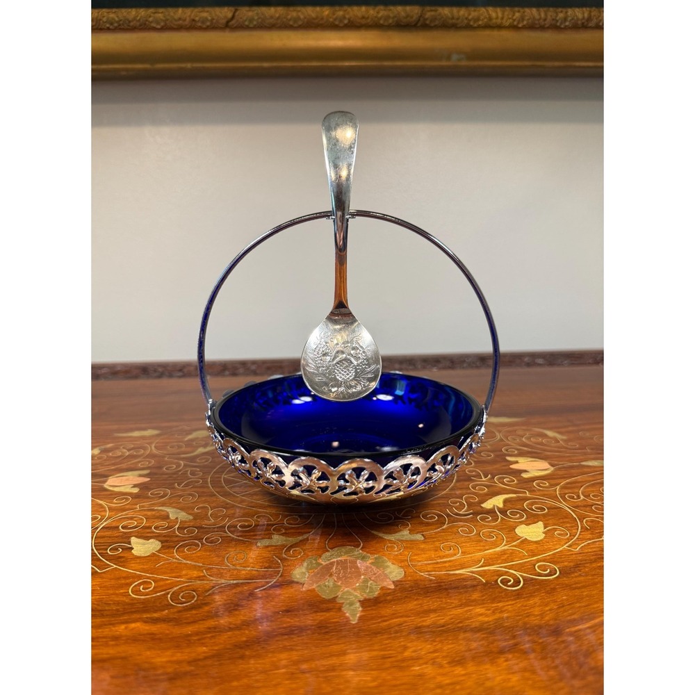 Vintage Cobalt Blue Jam Dish with Silver Plate Holder & Spoon - Picture 7 of 17